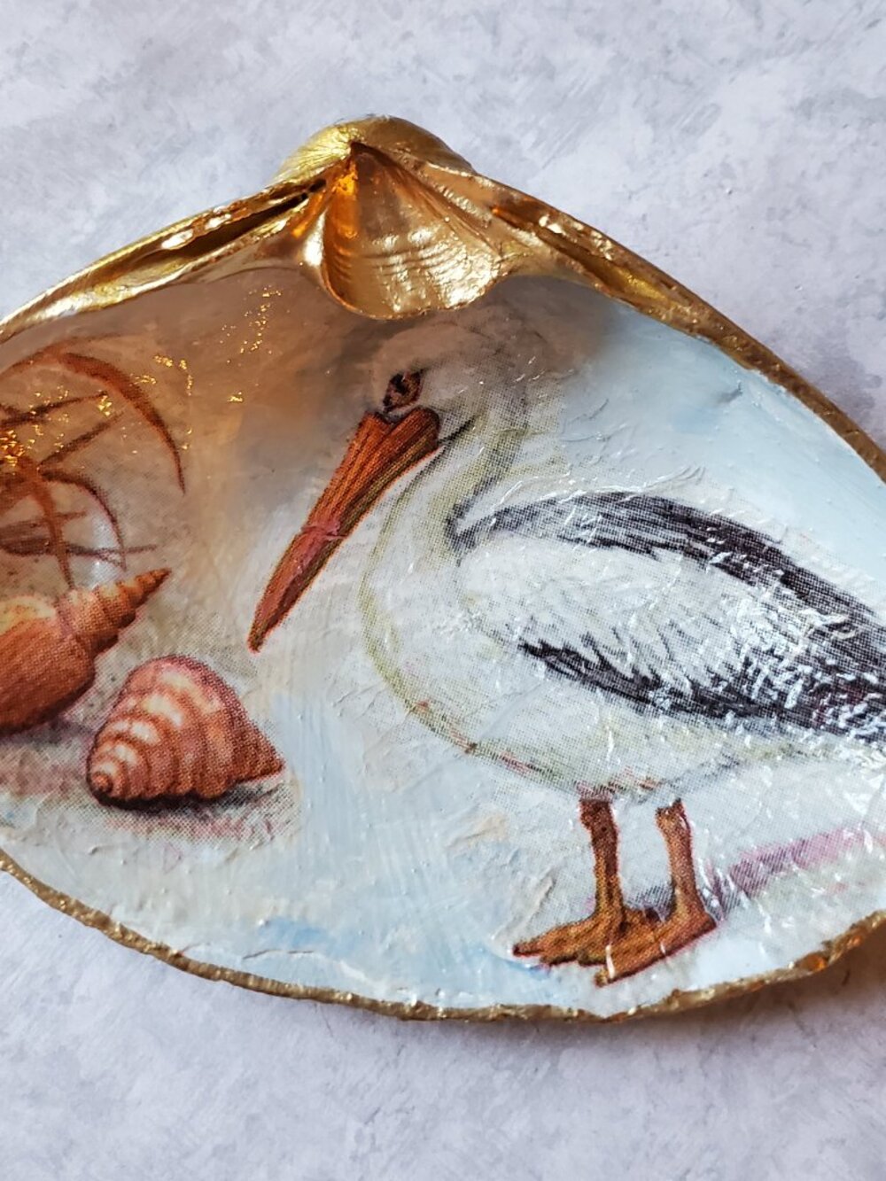 Decoupaged Shell of a Pelican Gold Leaf Trim Trinket Jewelry Dish